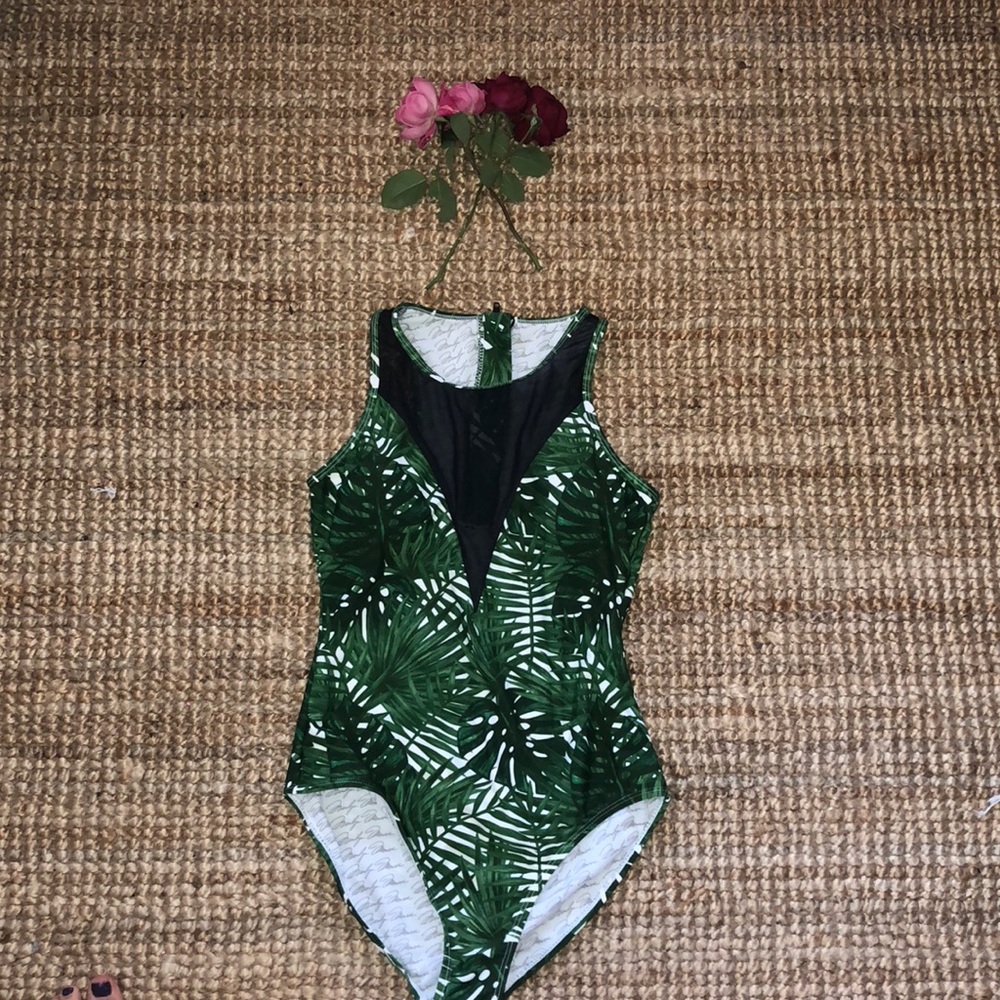 Leaf print one piece bathing suit